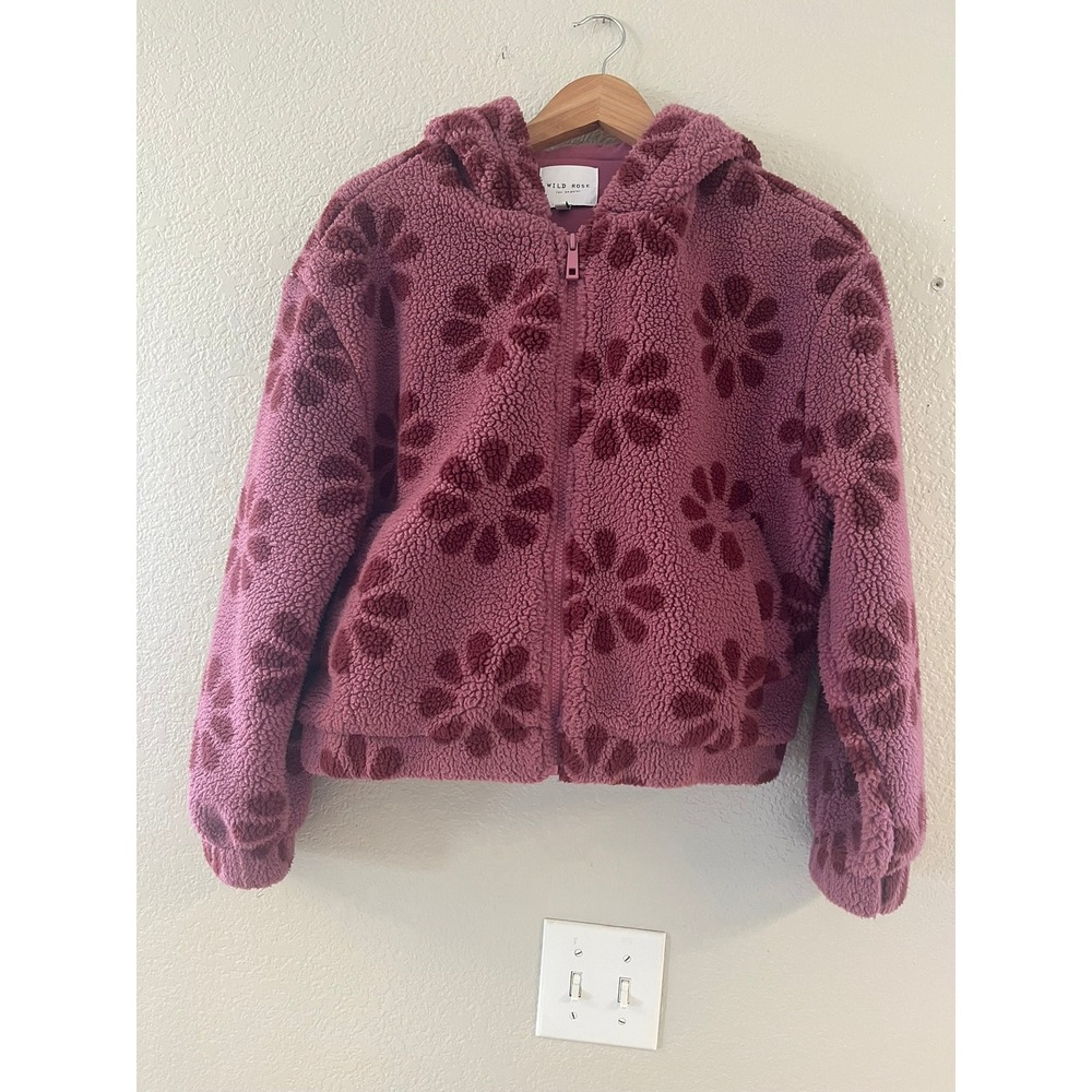 Wild Rose Los Angeles Pink Floral Sherpa Fleece Zip Up‎ Hooded Jacket Medium